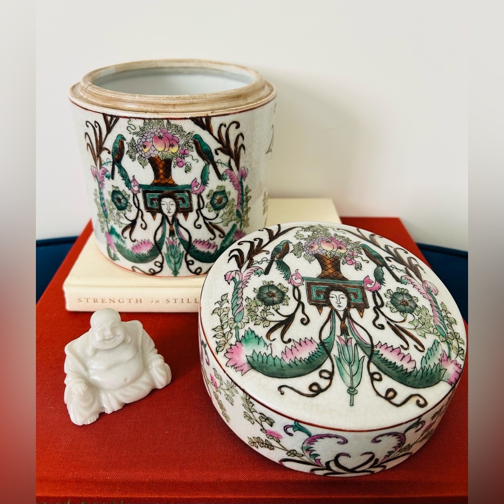 Vintage Porcelain Lidded Jar | Hand Painted Floral & Bird Chinoiserie Design - Picture 3 of 6